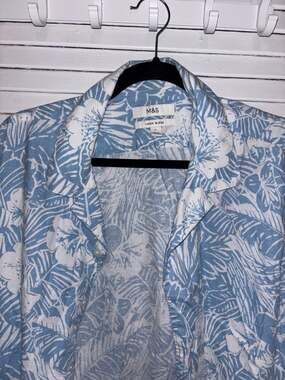 M&S Linen Blend Blue and White Floral Tropical Print Short Sleeve Camp Shirt